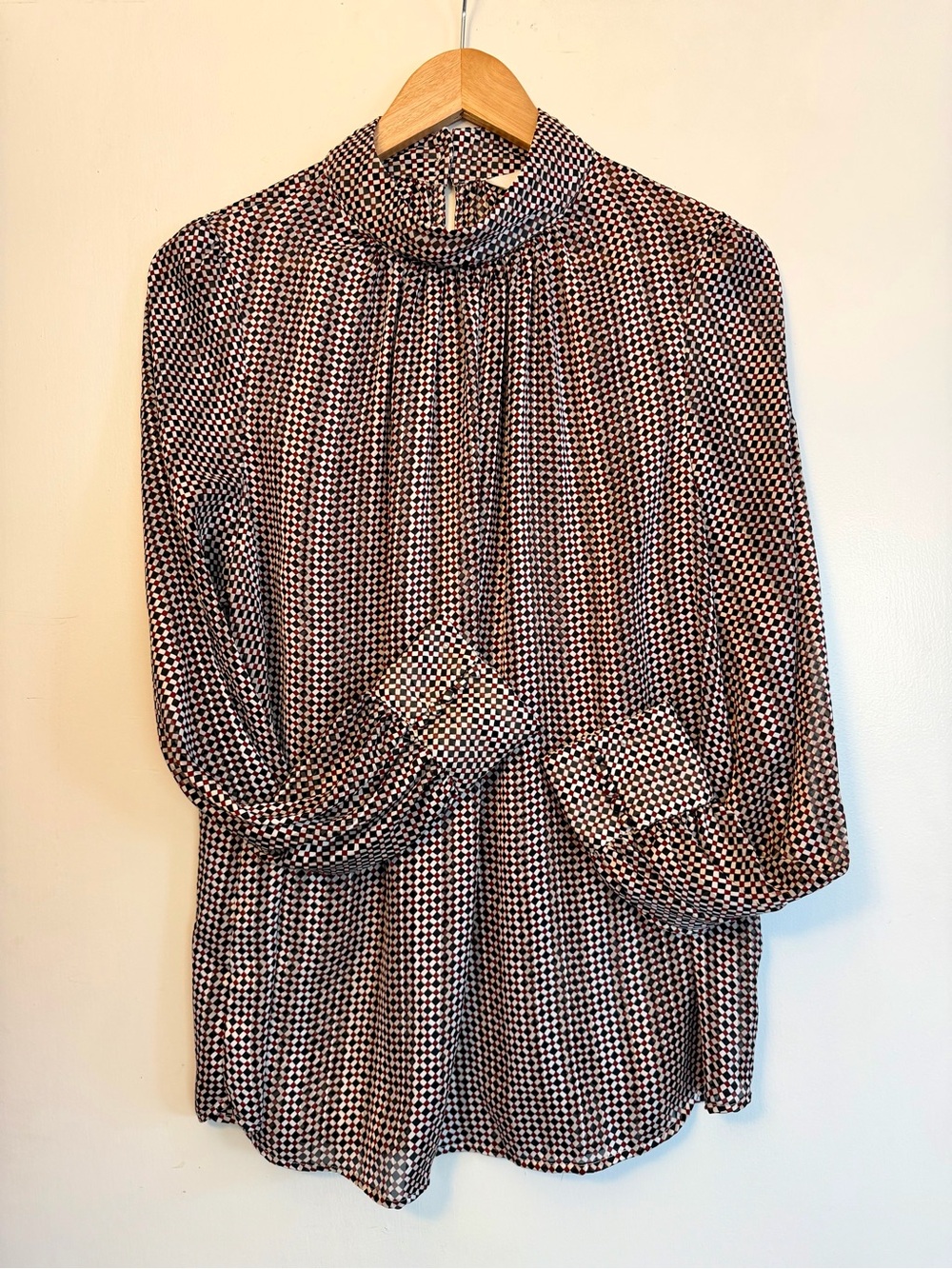 H & M High Neck Geometric Print Blouse in Black, Cream & Rust